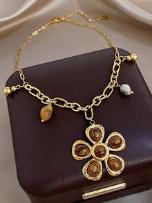 1件复古魅力花朵吊坠项链，简约串珠项链，女士不锈钢金色链条项链，适合圣诞节、日常佩戴、派对、母亲节、情人节等场合的珠宝礼物 - 彩色 - 查看 2