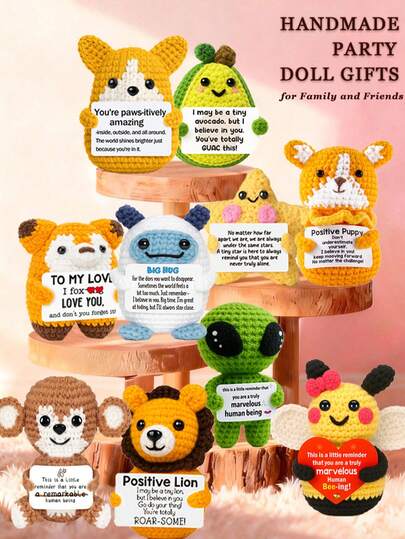 1pc Handmade Crochet Desktop Decor Figurine, Cute Cartoon Animal & Plant Shaped, Ideal Birthday/Friendship Gift For Best Friend, Sister, Mom, Grandma, Coworker, Family, Positive Emotion Support, Creative Party/Thanksgiving/Valentine's Day Decoration, Children Plush Doll, Room/Desk Ornament