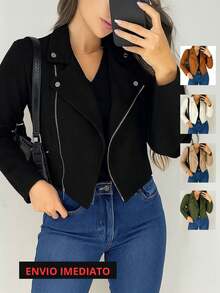 Jaqueta feminina casual estilo motociclista com gola de camurça sintética, bolso com zíper, manga regular e comprimento sem elasticidade. - Preto - Visão 4
