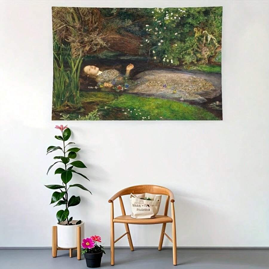 约翰·埃弗里特·米莱斯 (John Everett Millais) 的《奥菲莉娅》画作（1 件） - 复古花卉莎士比亚悲剧挂毯，文学装饰，适用于客厅、卧室、宿舍 - 无需用电的家居装饰横幅，戏剧性家居装饰，精细艺术品，自然主题装饰，精致设计，艺术墙饰 - 彩色 - 查看 1