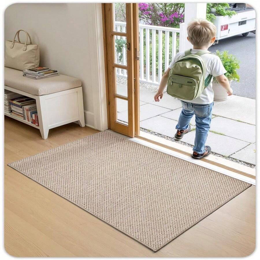 UltraThin Indoor Door Mat, 24x36 LowProfile NonSlip Entryway Rug With Modern Geometric Texture, Washable Doormat For Indoor Entrance, Front Door, Khaki Rolledup NO Creases - Khaki 2x3 Rectangular - View 1
