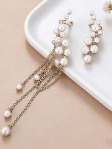 1对流苏珍珠耳坠，时尚个性化优雅新娘耳环 - 金色 - 查看 3