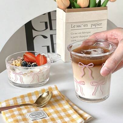 可爱蝴蝶结玻璃杯 - 高品质咖啡/牛奶杯，送给女性朋友的完美礼物，适合办公室和学校使用