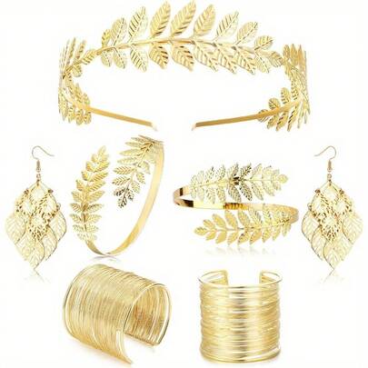 A Set Of 7 Alloy Accessories, Women's Style, Greek Goddess Dress Set, Including A Golden Leaf Crown, Faux Pearl Earrings, Bracelet, Perfect For Brides Or Wedding Jewelry.,Ramadan Accesstories