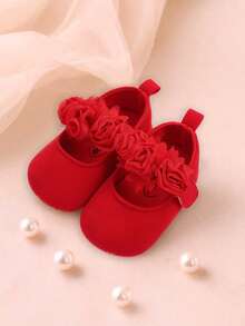 Newborn Infant Girls' Mary Jane Shoes, Non-Slip Rubber Sole Ballet Flats, Princess Dress Wedding Shoes, Infant Toddler First Walking Shoes - Red - View 3