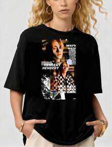 T-shirt casual in cotone a maniche corte con grafica vintage collage "Hendery Kick Back" estiva - nero - Visualizzare 1