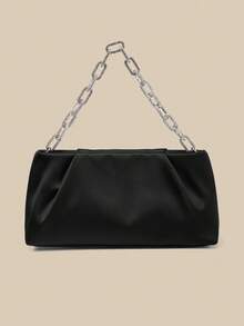 1件时尚纯色高档缎面手提包，搭配钻石链条手柄，魅力优雅的女士商务包，适合女士日常使用，可作手拿包/手提包/单肩包/斜挎包，可用于婚礼/派对/舞会/宴会等场合。 - 黑色 - 查看 2