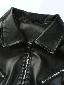 Y2K Grunge Black Faux Leather Moto Jacket For Women, Lapel Collar With Zipper Detail, Slim Fit PU Biker Coat, Edgy Streetwear Essential, Four-Season Outerwear For Daily & Weekend Looks - 黑色 - 查看 4