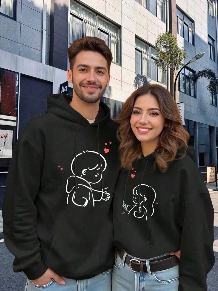 2026 Couple Hoodies, Thick And Warm, Must-Have Matching Set For Autumn And Winter, Cartoon Love Design, Everyday Gift For Him And Her, Holiday Gift, Unisex Outfit CP - 男人 - 查看 1