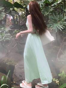 法式优雅吊带连衣裙，女士春夏海滩度假女神风长裙 - 薄荷綠 - 查看 5
