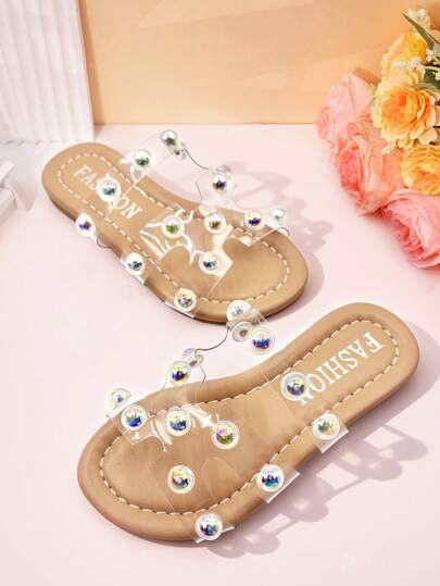 夏季儿童水钻珍珠装饰沙滩凉鞋，时尚露趾平底拖鞋，公主拖鞋（手工镶嵌水晶位置可能略有不同，鞋底颜色随机）