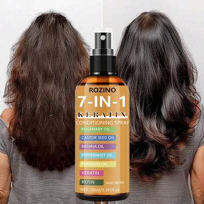 秋冬季七合一防静电喷雾，100毫升轻盈质地角蛋白护发喷雾，一次使用即可有效缓解头发打结和干燥。适用于干性、油性及所有发质。均匀喷洒，打造柔顺蓬松的发型。旅行必备，节日好礼。轻松打造无缠结造型，使用便捷，喷雾快速吸收，天然成分，质地柔滑，无需冲洗。[情人节、婚礼回礼、小礼物]