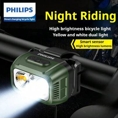  Philips 1341 Dual Beam Bicycle Light: White Beam For Clear Vision, Yellow Beam For Foggy/Rainy Weather - USB Rechargeable, Super Bright Night Mountain/Road Cycling Flashlight, Handheld Torch