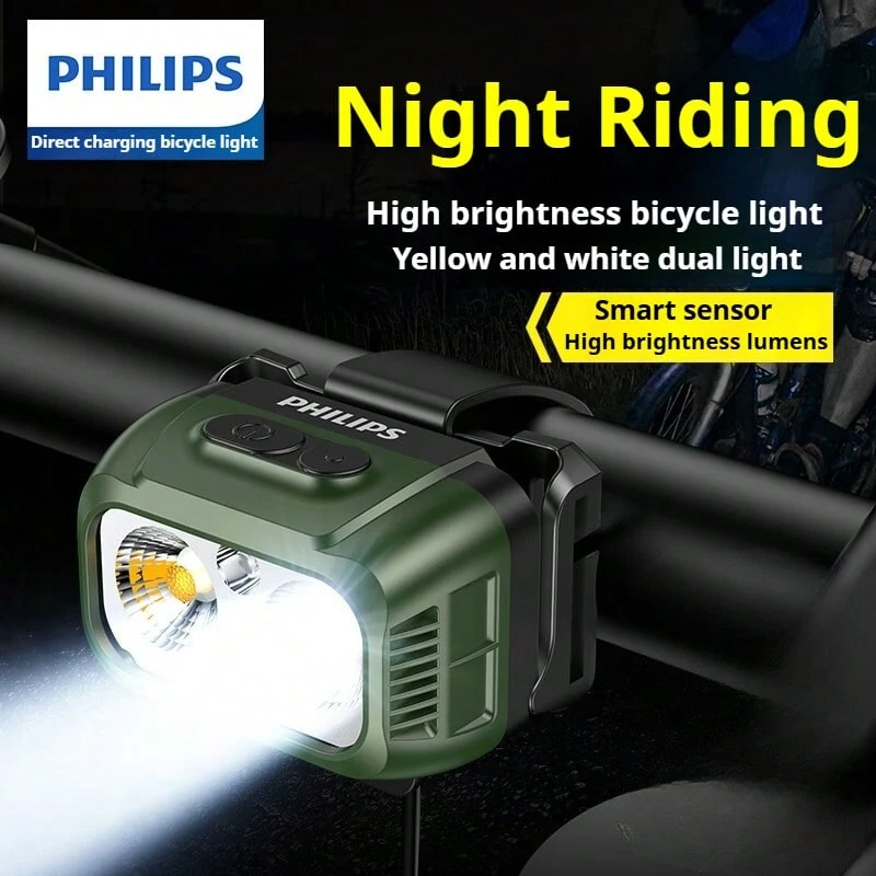 PHILIPS 飞利浦 1341 双光束自行车灯:白光清晰照明,黄光适用于雾天/雨天 - USB 可充电,超亮夜间山地/公路自行车手电筒,手持式手电筒 - 軍綠色 - 查看 1