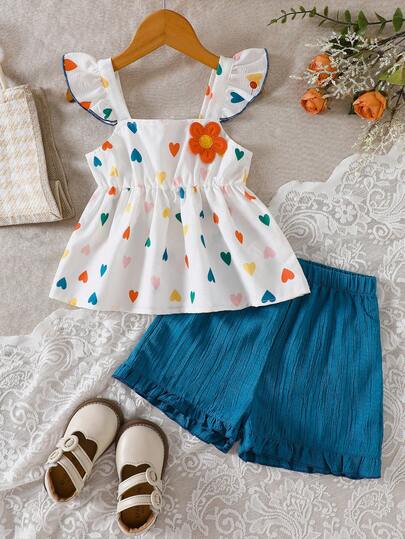 Young Girls Spring/Summer Heart & 3D Floral Print Ruffle Sleeve Top + Ruffled Shorts 2pcs Set