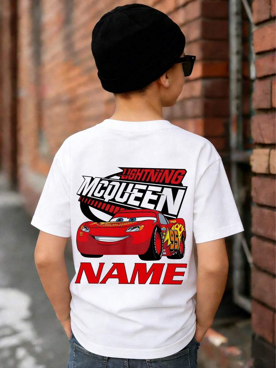 Disney Lightning McQueen Boys' Printed T-Shirt - Personalizable Name Top For Kids 2-14 Years Old, Durable All-Season Shirt, Express Delivery - trắng - Xem 1