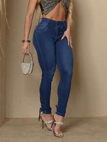 Calça Jeans Detalhada Gladiadora Escura de Cos Largo Premium Com 2 Botão New Vintage - Azul - Visão 1