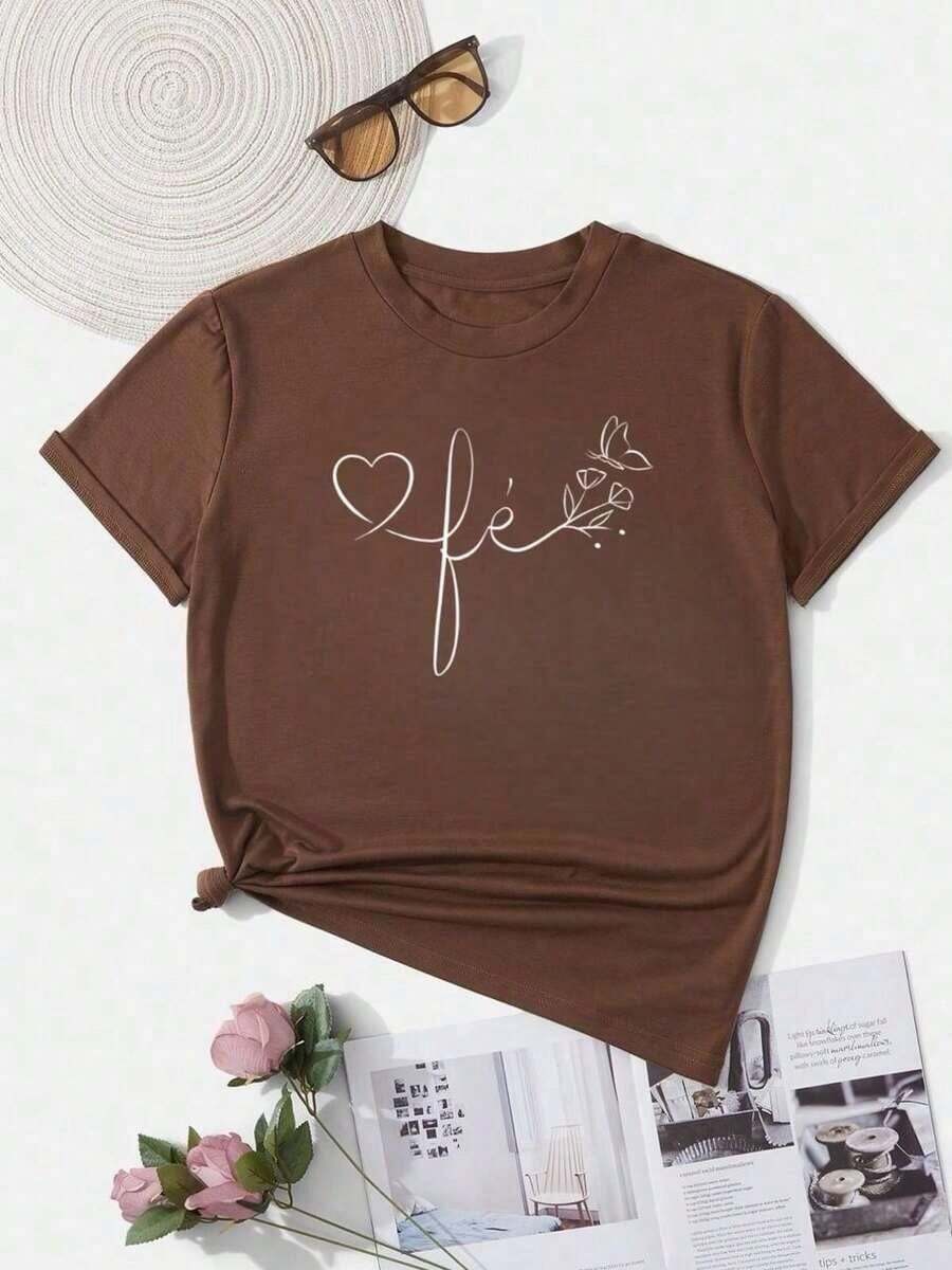 Camiseta Feminina Blusa Cristã Evangélica Estampa Fé Gospel Lançamento 100% Algodão - Castanho - Visão 1