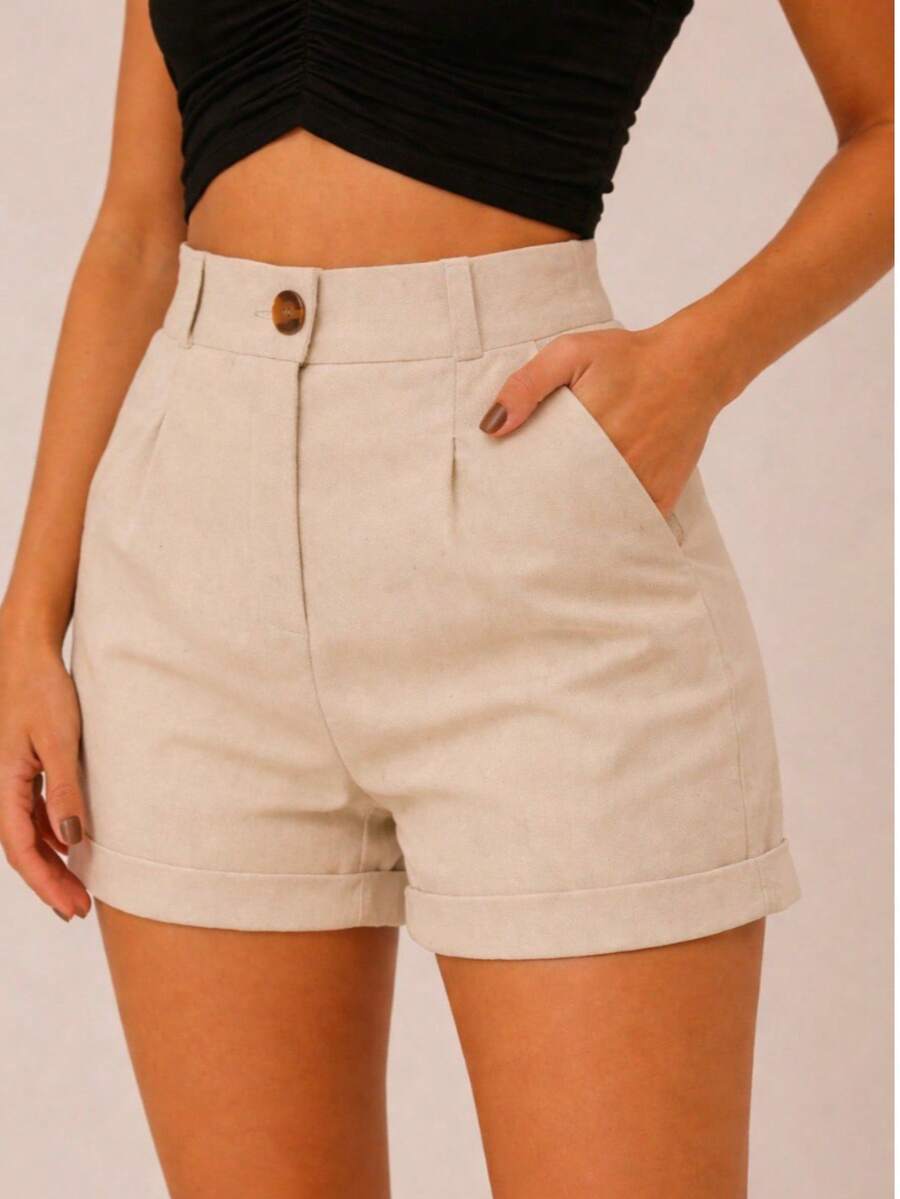 Women's Linen High-Waisted Shorts With Side Pockets, Zipper, And Button Closure - Beis - Ver 1