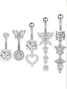 Set de 5 anillos colgantes para el ombligo, disponibles en 4 colores, material de acero inoxidable, joyería de piercing para el ombligo de mujer, anillos colgantes para el ombligo en forma de mariposa y corazón de 14G - Piercing en el ombligo - Ver 3