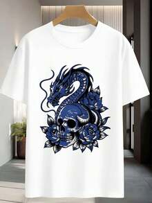 Blue Rose Skull Graphic Tee, Premium Cotton, Relaxed Fit, Street Hip Hop, Eye-Catching Print, New Release - White - View 2