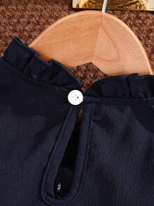 Young Girl Ruffle Trim Flounce Sleeve Bow Front Dress - Dark Wash - View 6