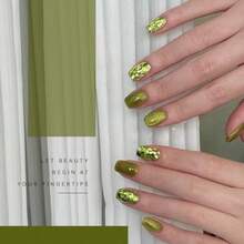 Avocado Green Cat Eye Pr On Nails Short Square Magnetic Gel Green Holographic Sequin Glitter Fake Nails Glossy Reusable Winter Halloween Natural Full Cover Glue On Nails For Women - AvocadoGreen - Xem 4