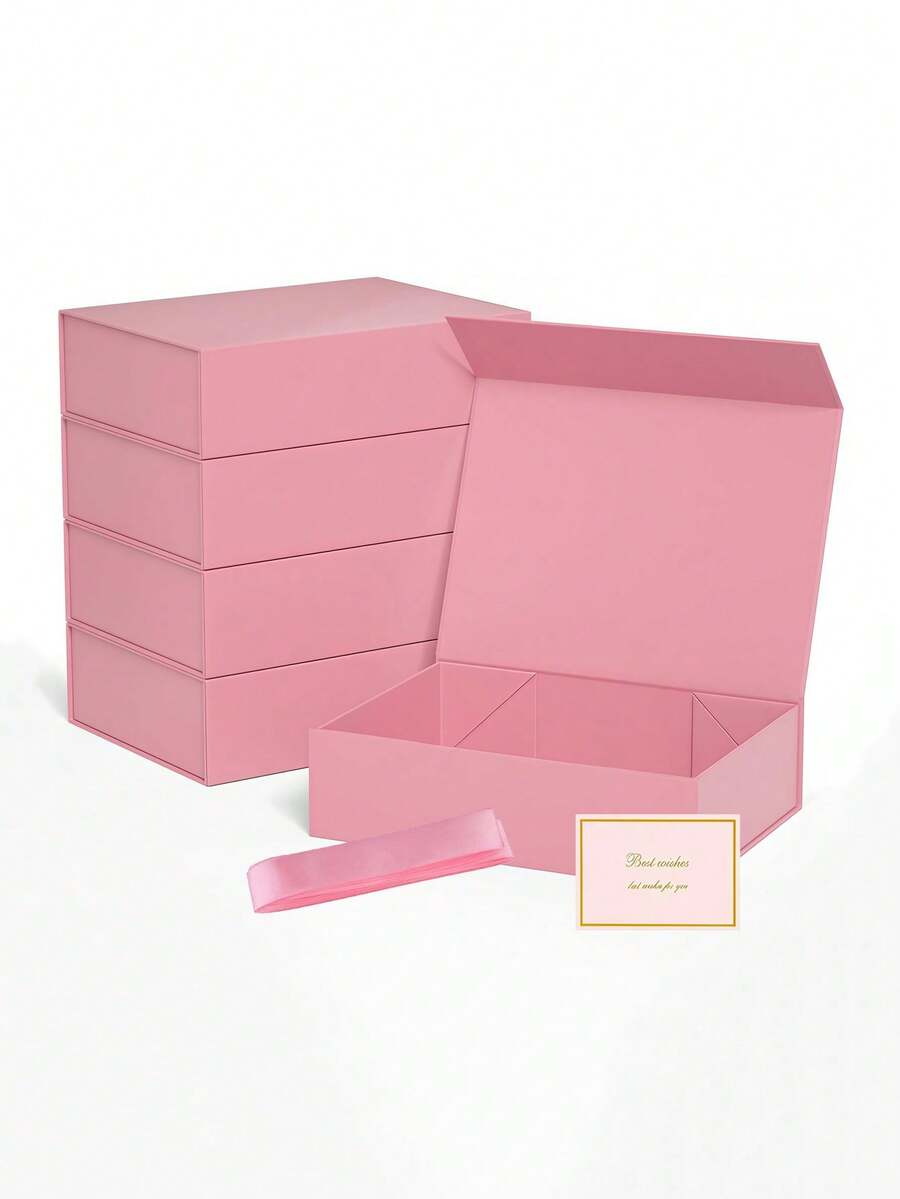 大号粉色礼盒，带磁扣、丝带和贺卡，可折叠包装，适合母亲节、圣诞节、生日、婚礼等各种场合，粉色带盖礼盒，伴娘邀请礼盒，大号礼盒，礼物，生日 - 粉色 - 查看 1
