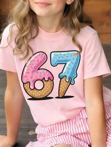 少女冰淇淋卡通“67”印花T恤，面料柔软舒适，时尚夏季上衣，适合日常穿着、街头风和校园风。 - 粉色 - 查看 3