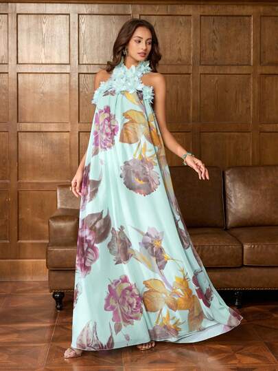 Faeriesty Elegant Women's Spaghetti Strap Dress: Floral Print Dress, Tie-Back Design, Layered Ruffle Hem, Lightweight And Flowing Fabric, Adjustable Neck Tie - Perfect For Bridal Photoshoot, Indoor Wedding Ceremony, Romantic Anniversary Dinner, Garden Party, Formal Occasion