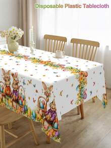 1pc Easter Plastic Tablecloth, 220*130cm Colorful Easter Bunny Eggs Flower Basket Disposable Table Cloth, Flower Butterfly Design Rectangle Table Cover, Easter Home Kitchen Dining Table Decoration, Easter Party Supplies, Easter Decorations - Multicolor - View 8