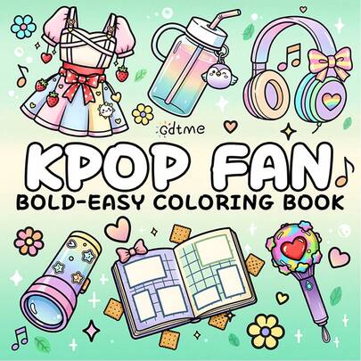GDTME “K-Pop粉丝系列”：1本成人涂色书，7.9英寸*7.9英寸，珠光封面，厚纸，内含1张随机贺卡。内页包含各种可爱的K-Pop相关线条画，例如应援杯、记事本和蝴蝶结耳机，设计清晰简洁。