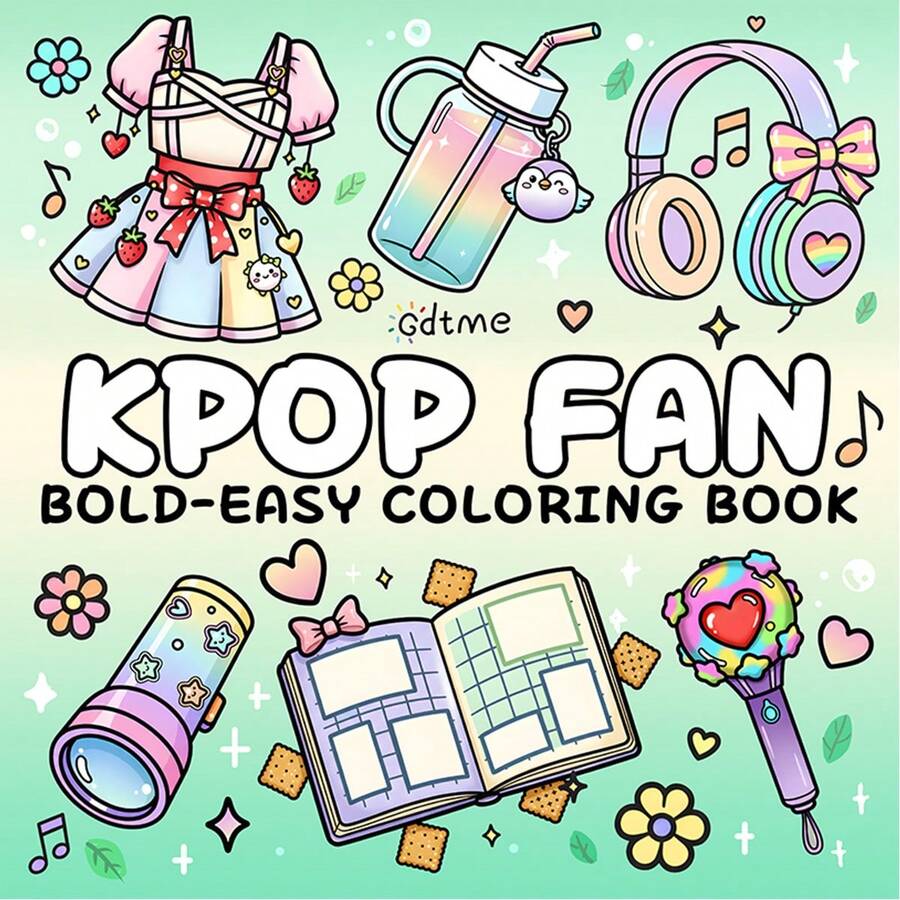 GDTME [Serie de fans de K-Pop] 1 libro para colorear para adultos, tamaño 7.9" X 7.9", con cubierta perlada y páginas gruesas, incluye 1 tarjeta de felicitación aleatoria. Las páginas interiores contienen varios dibujos a línea lindos relacionados con K-Pop, como lightsticks, álbumes y auriculares con lazos, con diseños simples y claros.