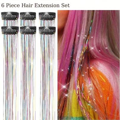 3pcs Synthetic Hair Extensions Set, 20 Inch Shiny Fairy Hair Clips, Colorful Hair Accessories Suitable For Christmas, Music Festivals, Parties, Holiday Gifts