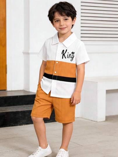 2pcs Summer Wave Collar Patchwork Short Sleeve Shirt And Letter Print Solid Color Shorts Set, Lightweight Breathable 2 Pieces Outfit For Boys, Suitable For Daily Wear And Outdoor Activities