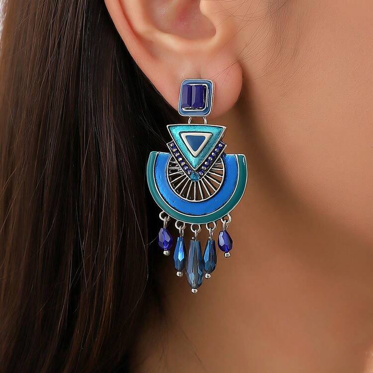 1 Pair Handmade Bohemian Enamel Crystal Earrings, Asymmetrical Shapes & Colors, Random Floral Pattern And Color Placement