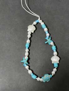 1 件夏日度假风格白色海星和绿松石珠饰智能手机挂绳吊坠 - 米色 - 查看 10