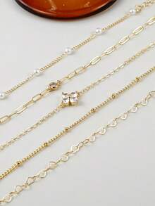 5pcs Elegant Cubic Zirconia Cross & Clover Decor Bracelet Set, Multi-Layer Stackable Daily, Party Jewelry, Best Gift For Festivals - Yellow Gold - View 4