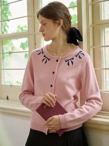 Cárdigan de manga larga con cuello redondo, estilo casual de primavera, con bordado de contraste, elegante, de moda retro y temperamento suelto para mujeres jóvenes - Rosa - Ver 6