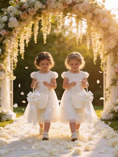 1pc White Satin Flower Girl Basket With Pearl Handle, Elegant Classic Traditional Wedding Decor, Suitable For Weddings, Galas, Birthday Parties, Also Can Be Used As Bouquet, Gift, Candy And Wedding Petal Tray