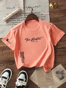Tween Boys Casual Printed Crew Neck Short Sleeve T-Shirt, Summer Top - Coral Orange - View 3