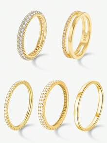 1枚简约扁平开口925纯银女士结婚戒指，优雅精致立方氧化锆戒指，结婚首饰，情侣订婚承诺戒指礼物 - 金色 - 查看 12