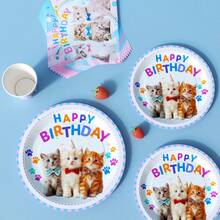49/25/8pcs Assiettes, serviettes et gobelets jetables mignons avec motif chat pour anniversaire, ensemble de fournitures de fête jetables, convient pour 8 invités, assiettes en papier jetables, vaisselle de table de fête convenant pour anniversaire, mariage, fête à thème, pique-nique familial - Multicolore - Voir 4