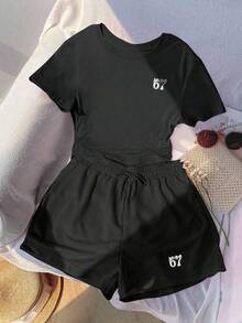 Tween Girl Digital Pattern Print Short Sleeve T-Shirt And Shorts Casual Set - Black - View 2