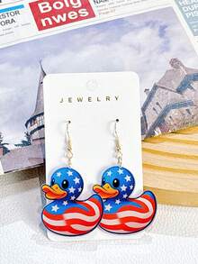 一对亚克力材质的日常美国国旗鸭子可爱趣味双面吊坠耳环，女士礼物，派对饰品 - 彩色 - 查看 1