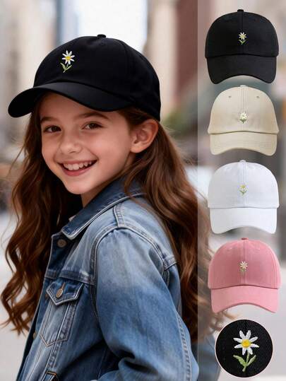 1顶雏菊刺绣儿童棒球帽，柔软轻便透气，可调节尺寸，防晒防晒，适合春夏秋冬旅行、徒步、骑行，亦可作为节日、生日、情人节礼物。