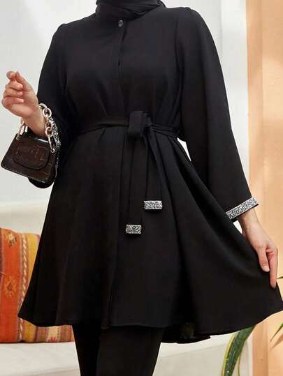 Plus Size Women Regular Length Black Minimalist Button-Up Blouse, With Belt Long Sleeve Arabic Style Top