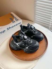 1 Pair Kids Breathable Mesh Sneakers, Convenient Rotary Buckle Design, Soft Sole, Suitable For Boys And Girls, All Seasons - Black - View 3