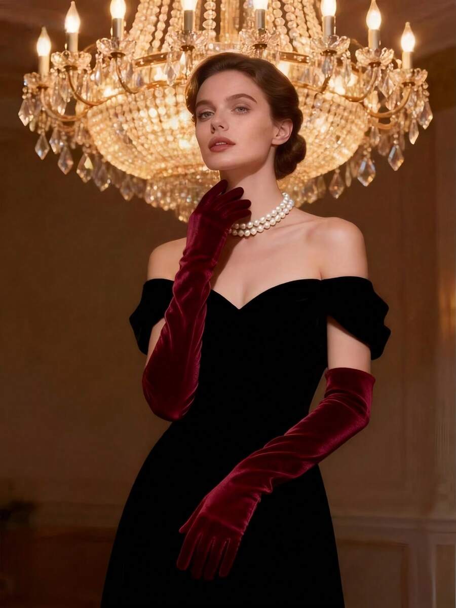 一双女士黑色天鹅绒手套，性感迷人，适合晚宴和舞会。 - 紫紅色 - 查看 1