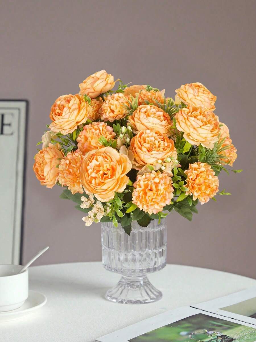 1/3/80朵人造牡丹丝花花环，家居室内花瓶桌面装饰，新娘捧花，节日户外花园DIY礼物，婚礼装饰，情人节礼物，春季装饰，斋月装饰 - 橘色 - 查看 1